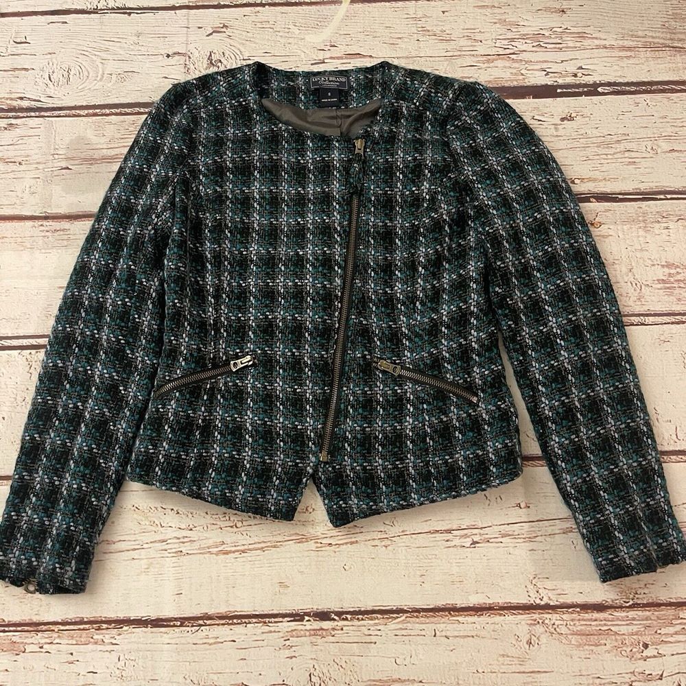 Lucky Brand Jacket Womens Small Plaid Tweed Boucle Moto Career Office Occasion